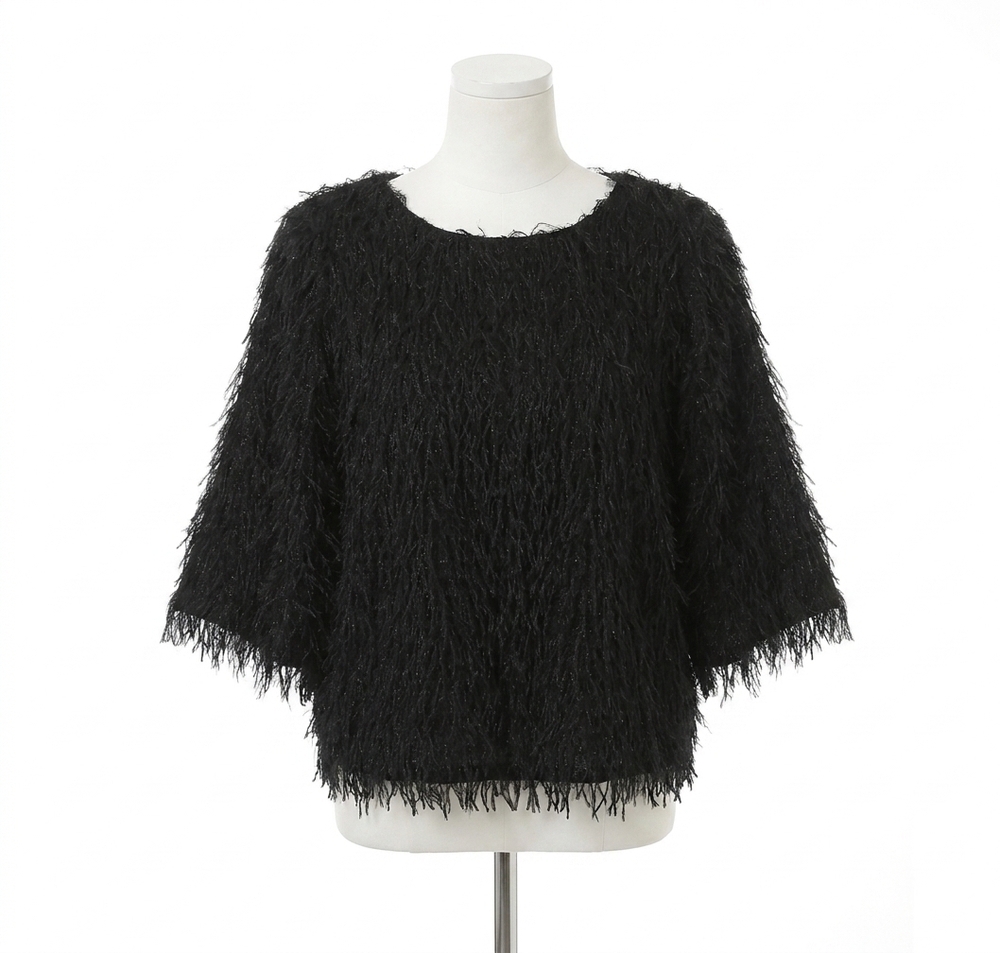 NEW JOSEPH RIBKOFF short sleeve pullover style top in black fringe sparkle